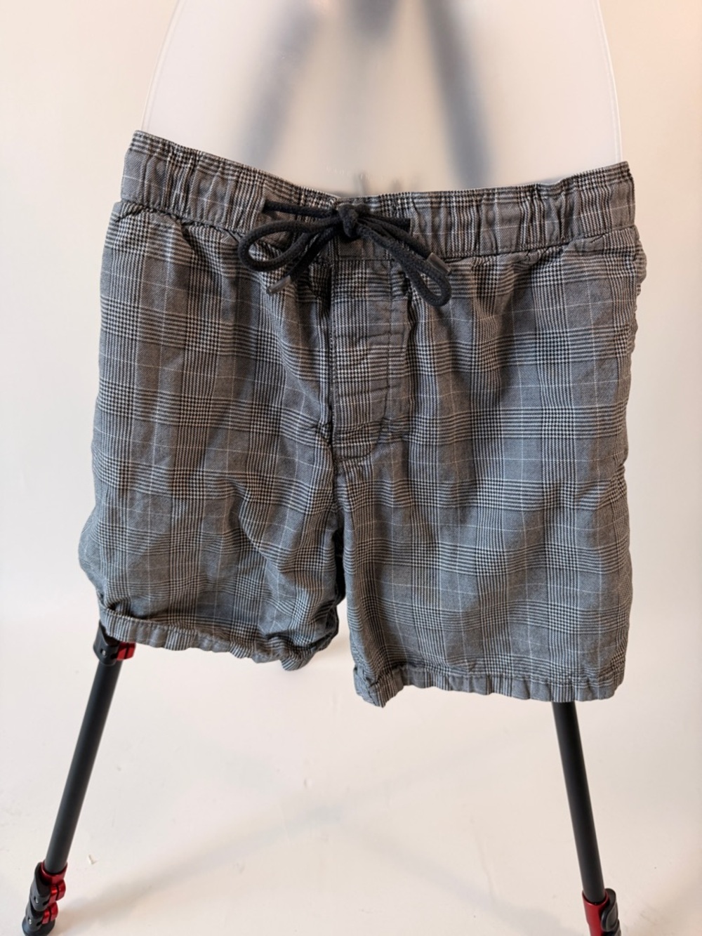Topman Gray Plaid Swim Trunks with Drawstring Waist